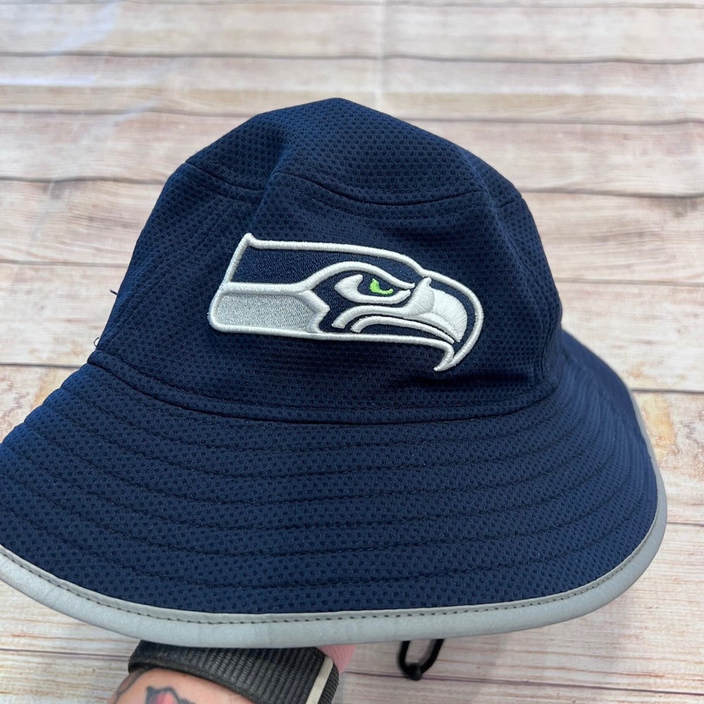 New Era Seattle Seahawks NFL Equipment Navy Blue Mesh Bucket Hat OSFM Adjustable